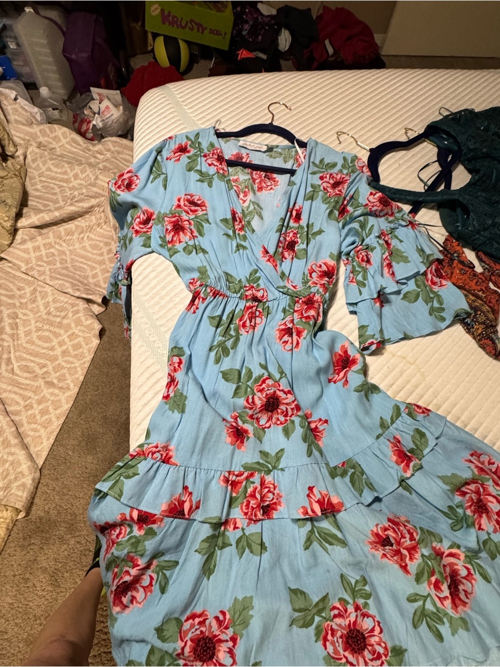 Petal & Pup Light Blue Maxi Dress with Red Rose Print